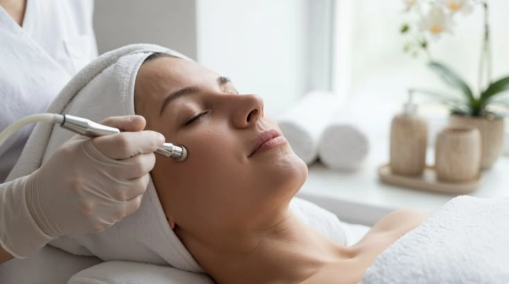 Facial microdermabrasion spa procedure for skin exfoliation and post-care recovery