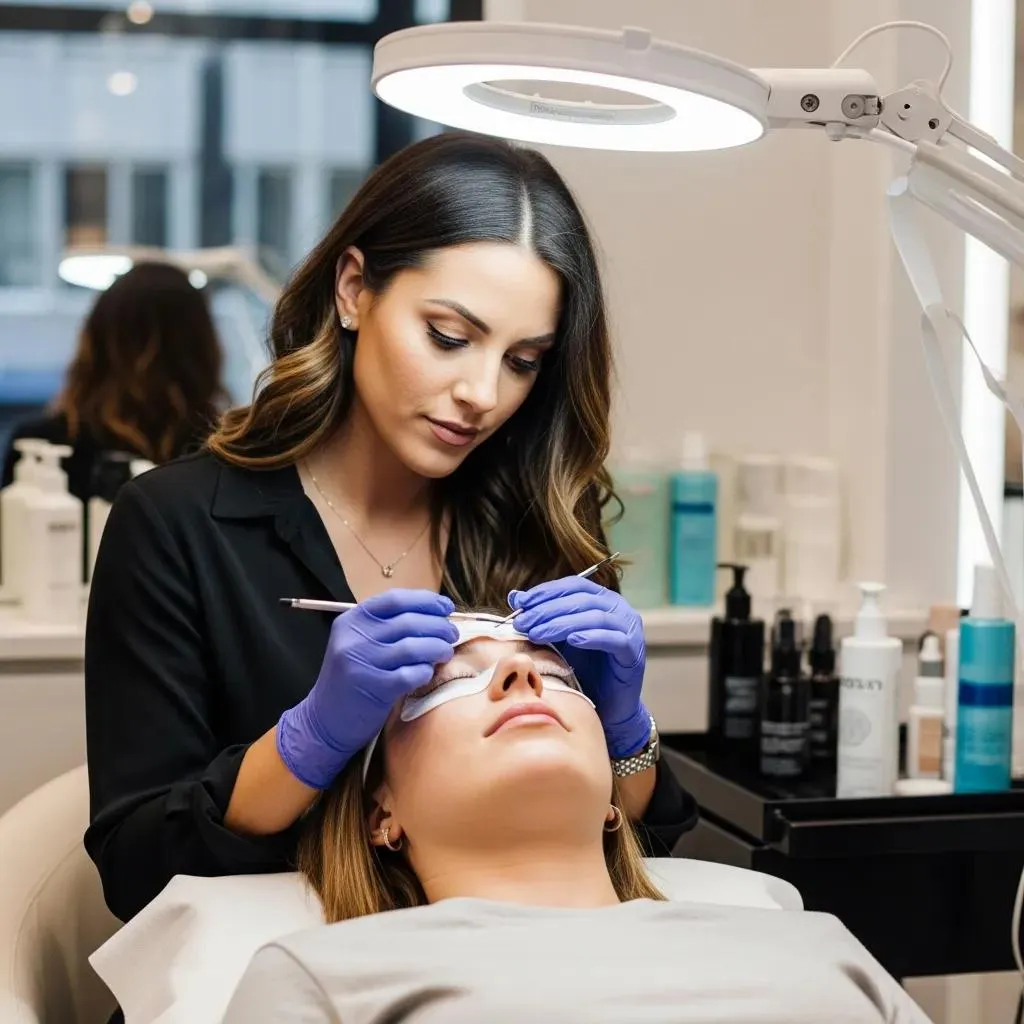 Beauty salon in Midtown East NYC with aesthetician performing lash lift and tint treatment