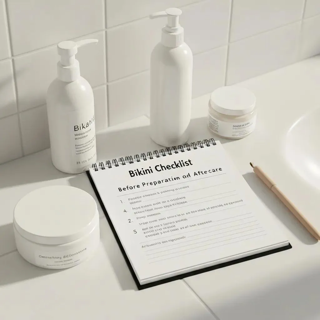 Checklist for bikini wax preparation and aftercare in a serene bathroom setting
