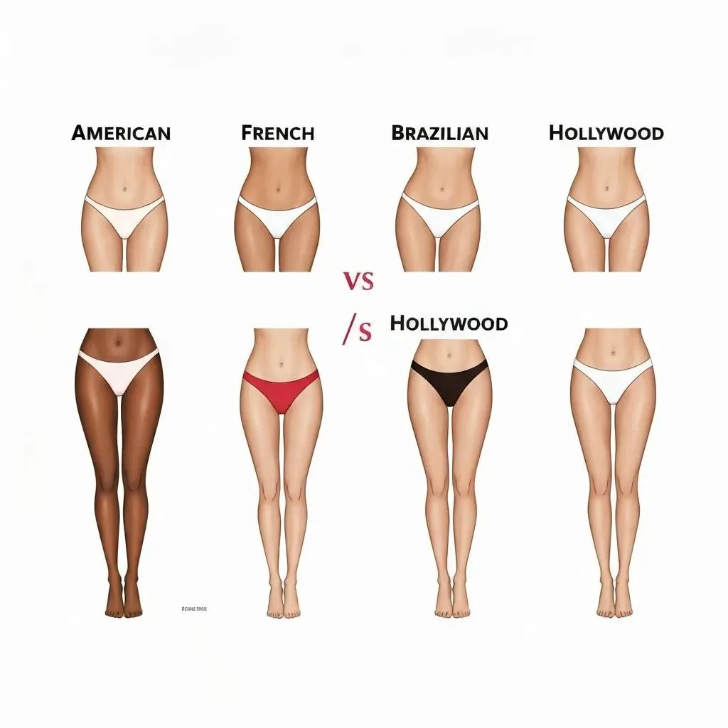 Comparison of bikini wax styles: American, French, Brazilian, and Hollywood