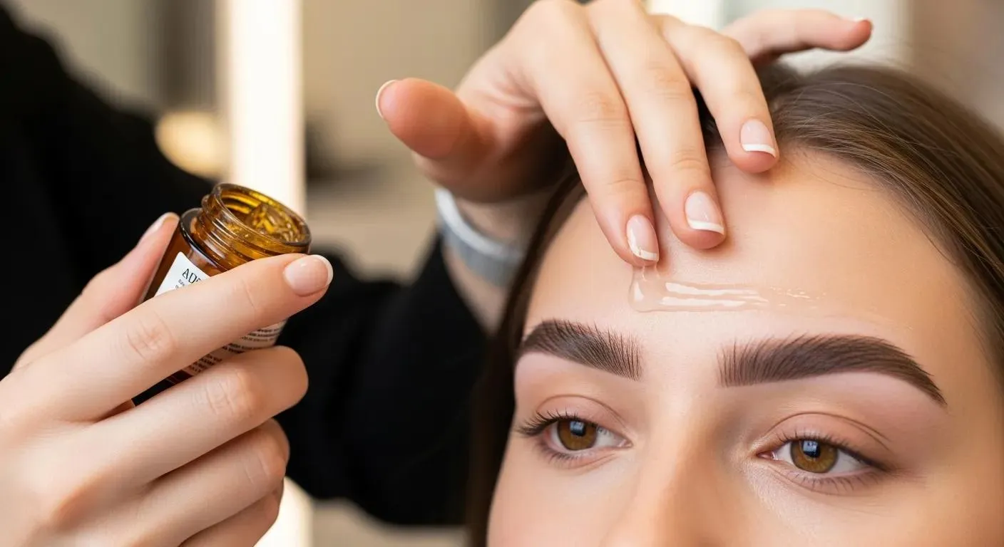 Client applying soothing gel after eyebrow threading, emphasizing aftercare practices for best results