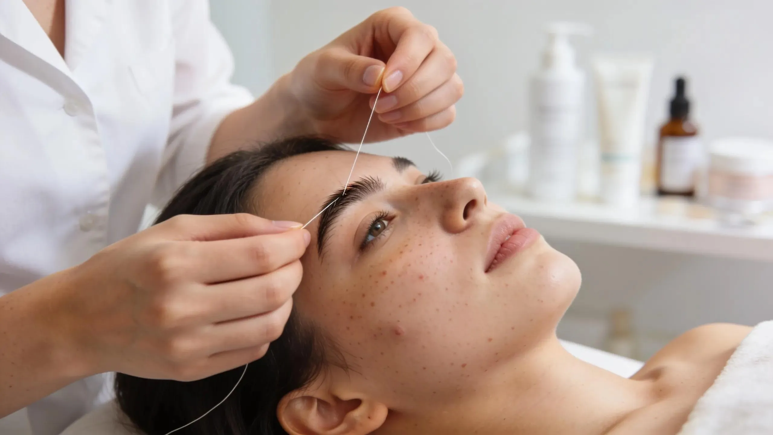 Esthetician threading hair on acne-prone skin in a calm salon environment