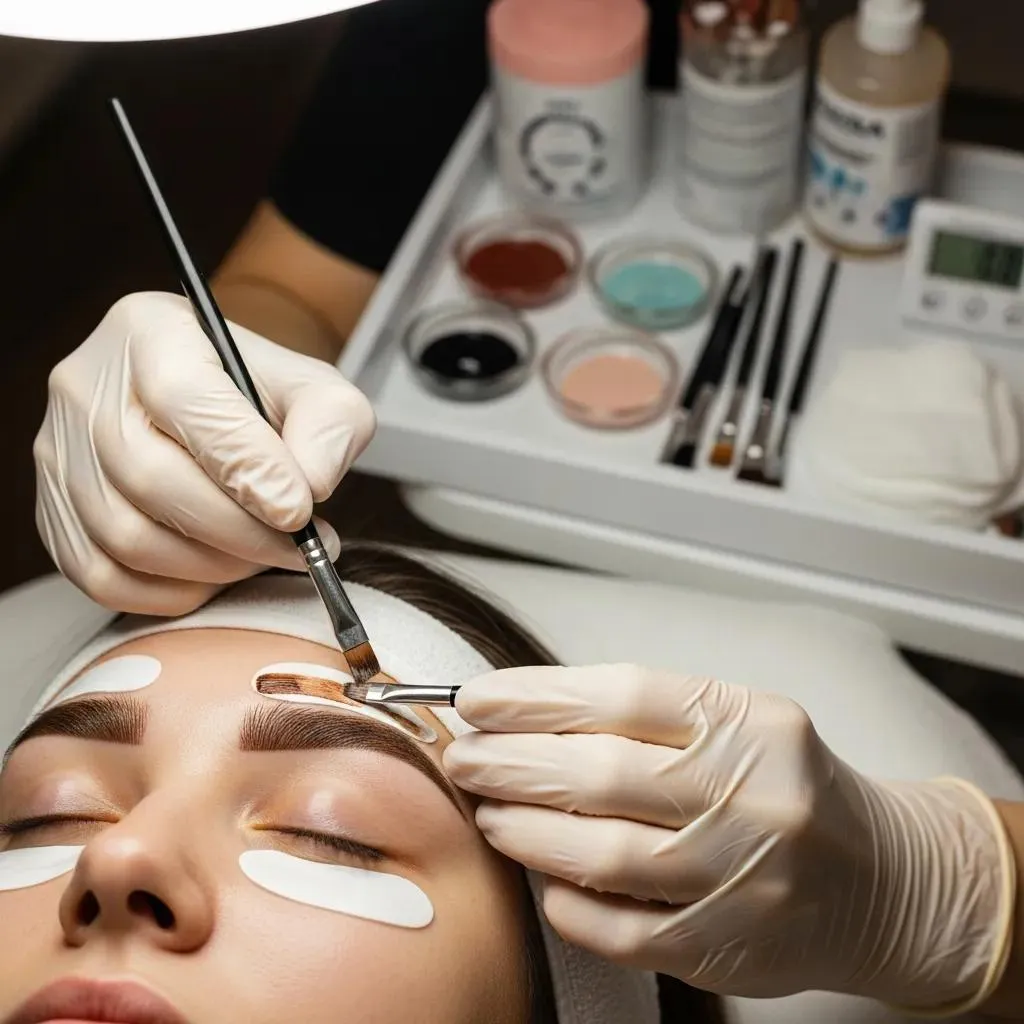 Technician applying semi-permanent tint to eyebrows for deeper color and definition