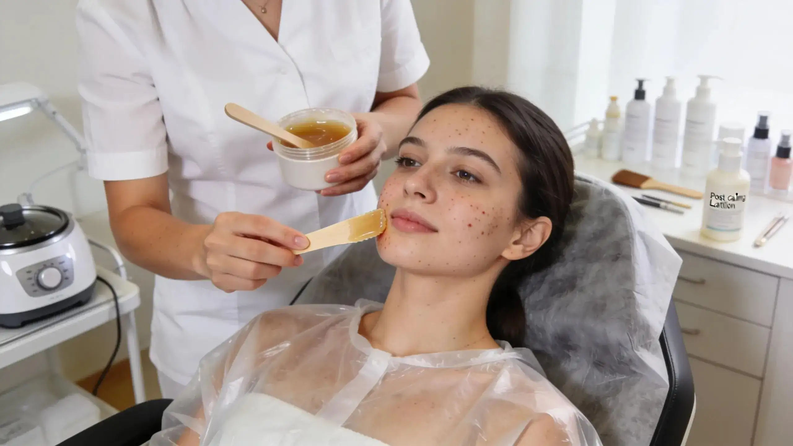 Esthetician demonstrating effective waxing techniques for acne-prone skin