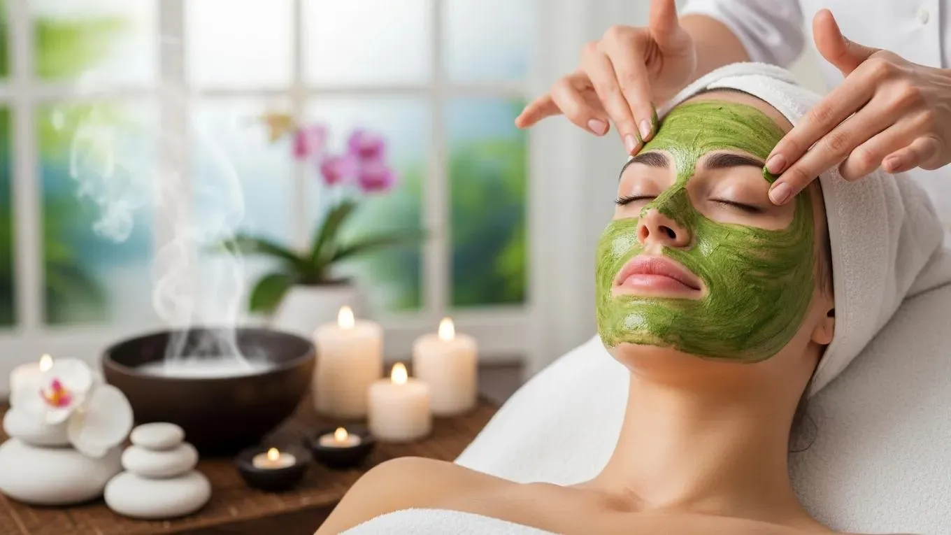 Woman receiving green seaweed facial mask treatment at professional skincare spa in NYC