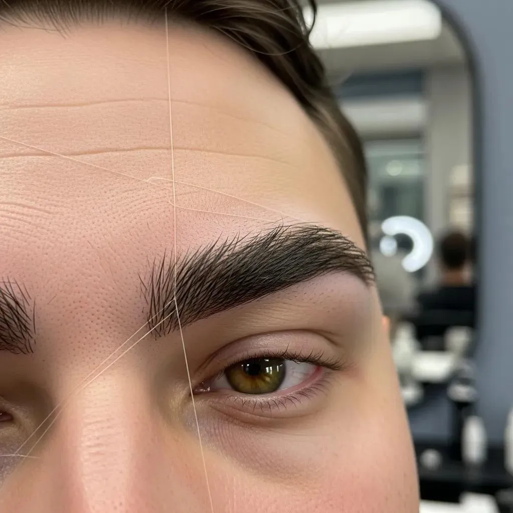 Close-up of a groomed male eyebrow after precision threading, showing clean lines and natural thickness