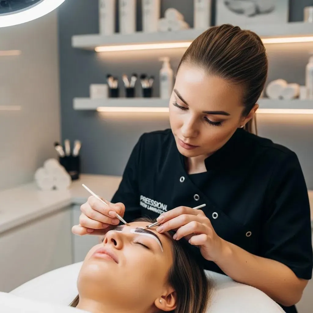 Salon technician applying a lamination solution to brows for a fuller, brushed-up finish