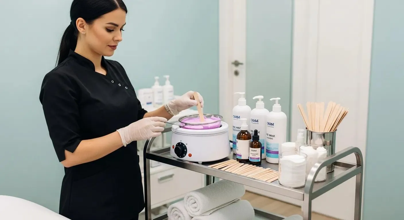 Professional waxing technician preparing for a Hollywood waxing session with quality products