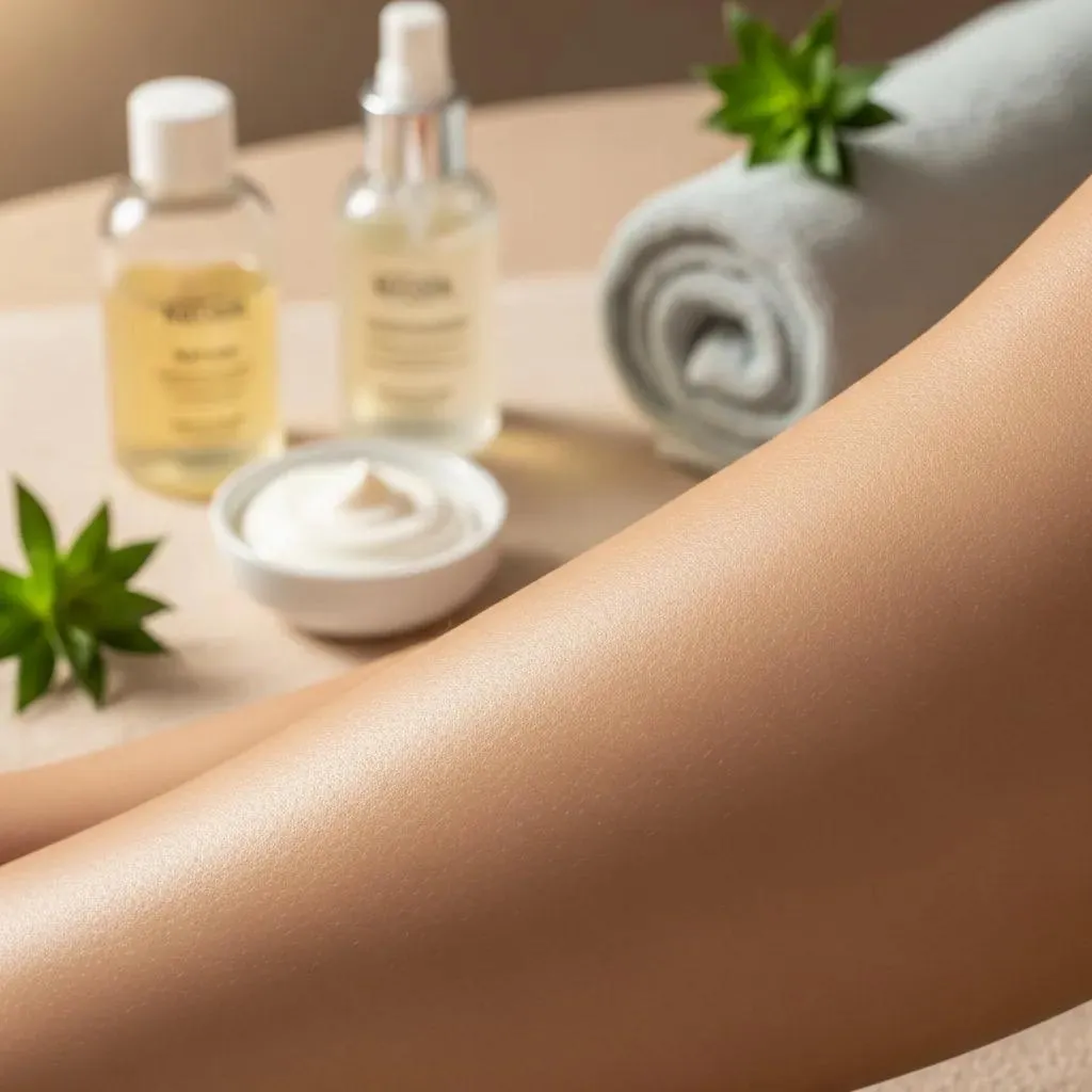 Smooth skin after waxing with soothing skincare products in a calming spa environment
