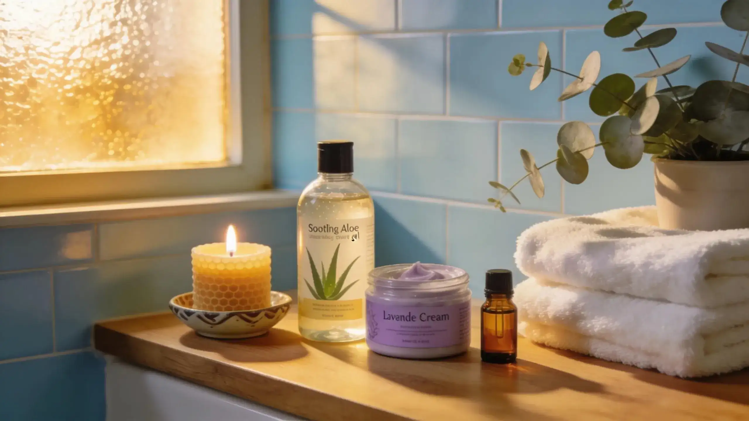 Post-wax care products arranged in a cozy bathroom setting, promoting tips for maintaining flawless waxing results