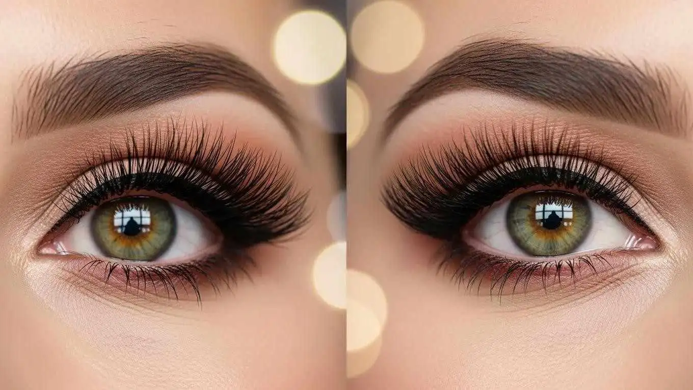 Close-up of eyelash extensions showcasing silk, mink, and classic styles on a woman's eyes