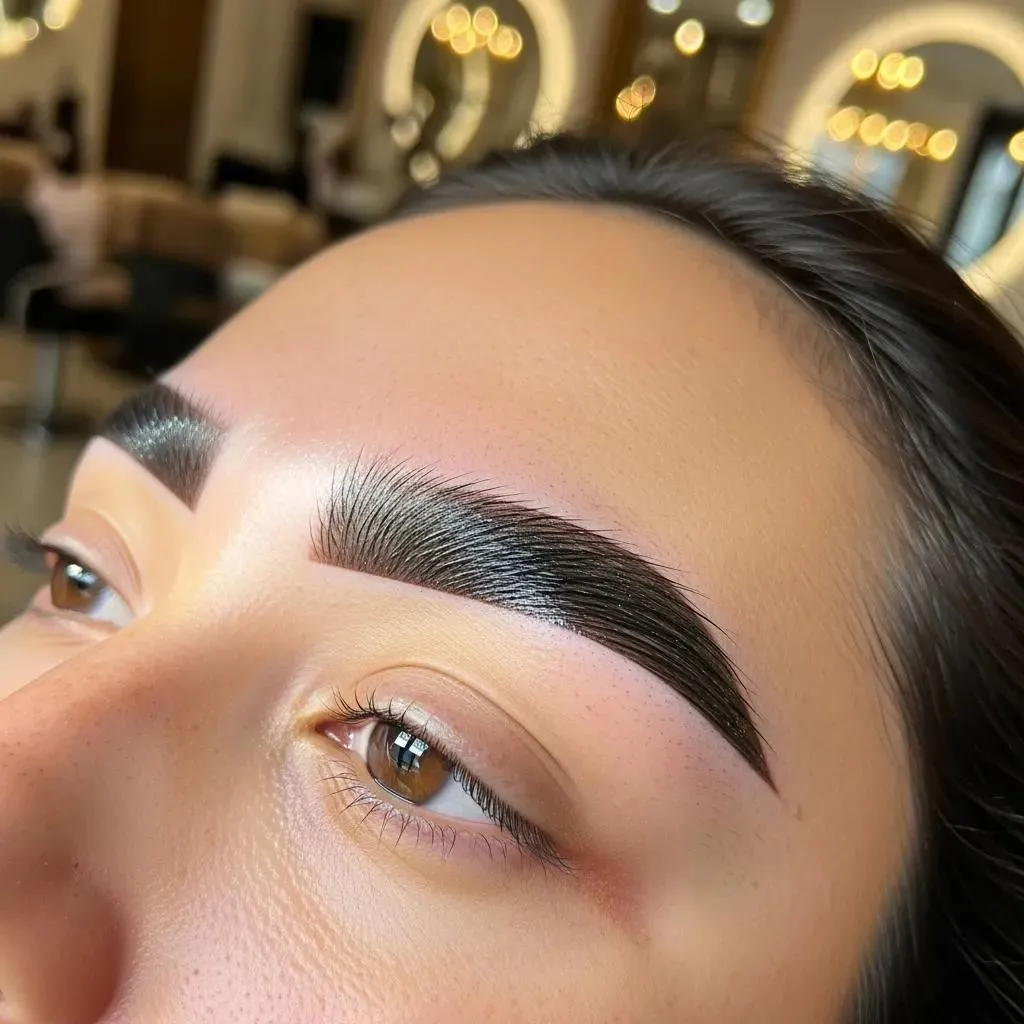 Close-up of styled eyebrows showcasing the effects of eyebrow tinting and brow lamination in a beauty salon setting