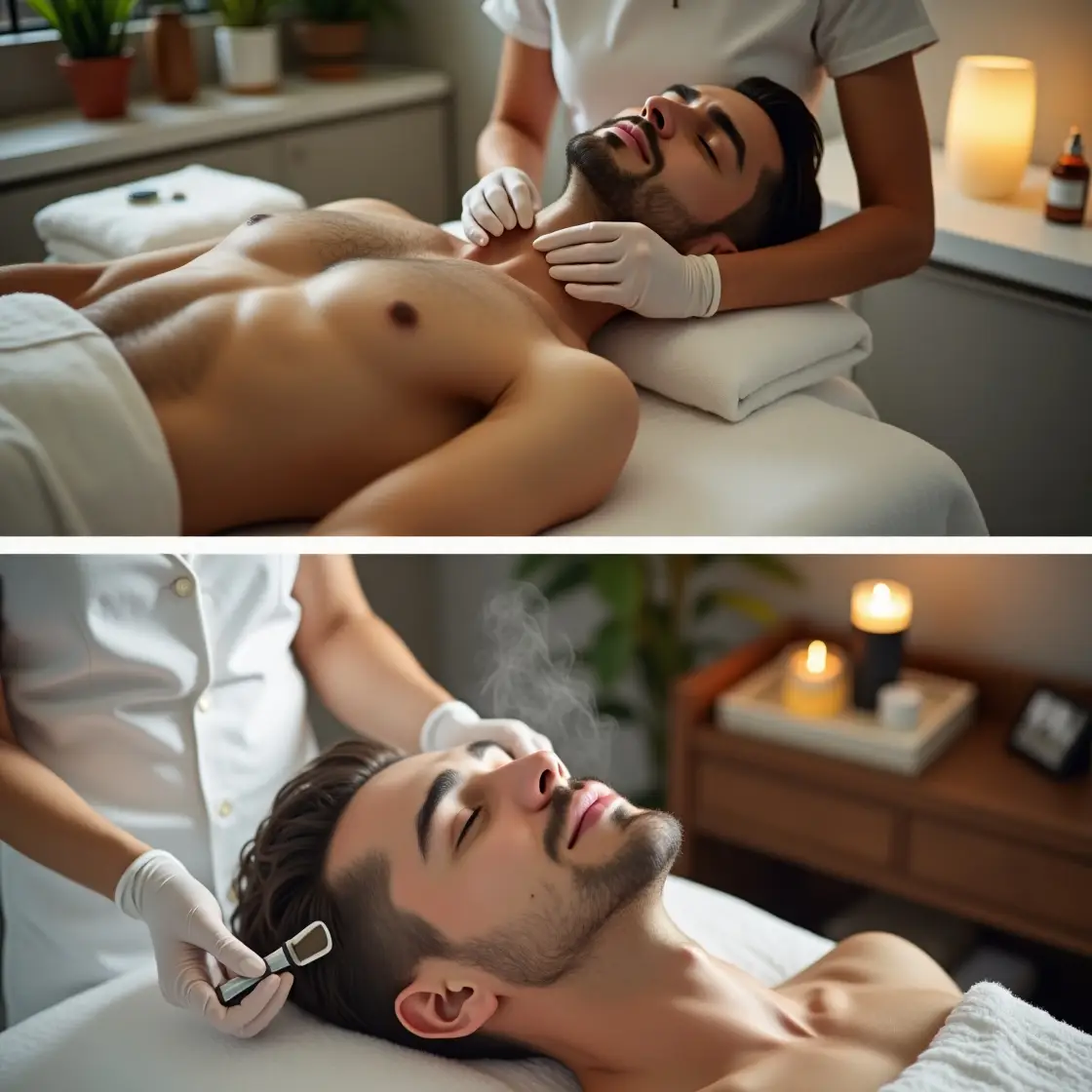 a modern nyc waxing salon interior showcases a skilled technician preparing for a tailored male waxing session, emphasizing an atmosphere of cleanliness and professional care with sleek white walls, sterile tools, and soothing jade-green accents.
