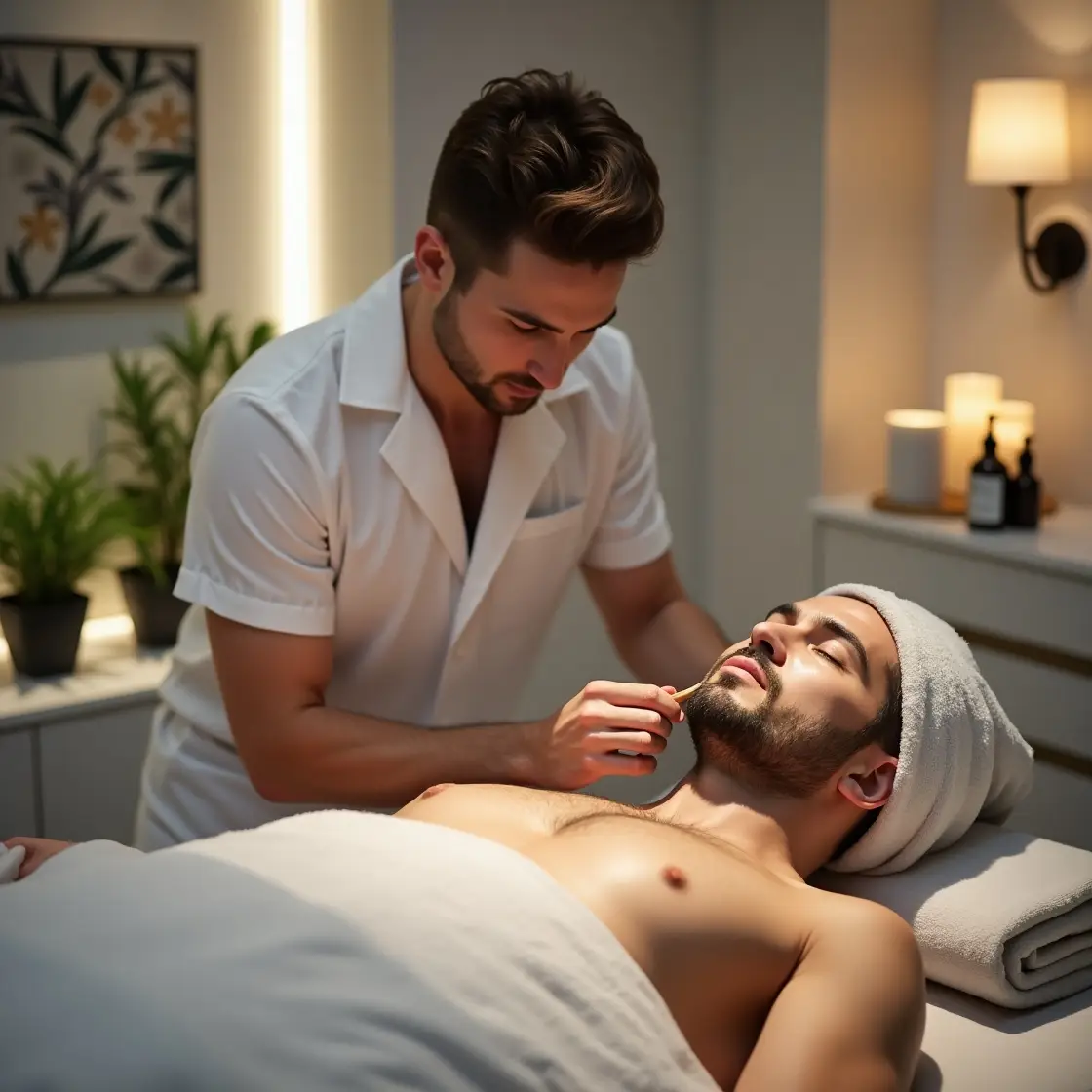 a sleek, modern waxing salon in new york city showcases a professional technician skillfully applying hypoallergenic wax on a client, surrounded by a serene, immaculate environment that emphasizes hygiene and comfort, with warm, ambient lighting enhancing the inviting atmosphere.