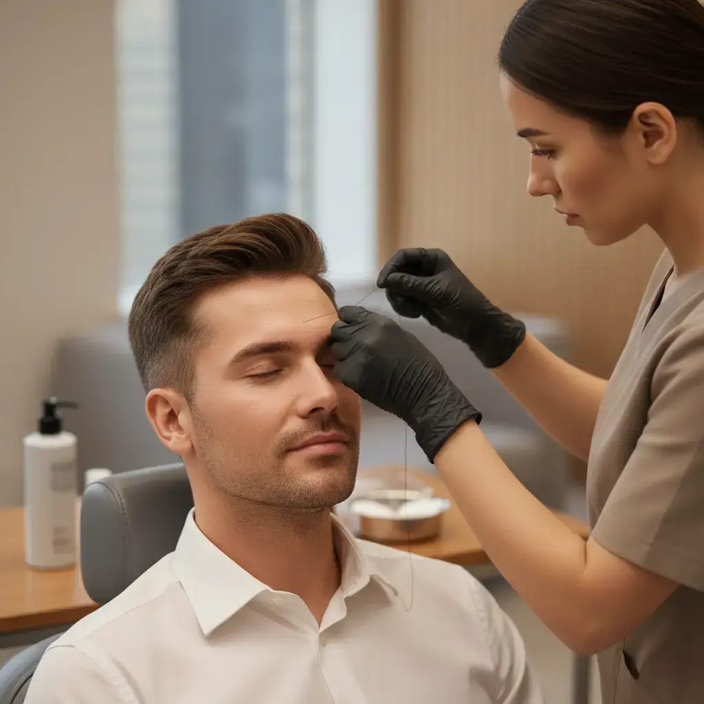 men's eyebrow threading and waxing service in progress