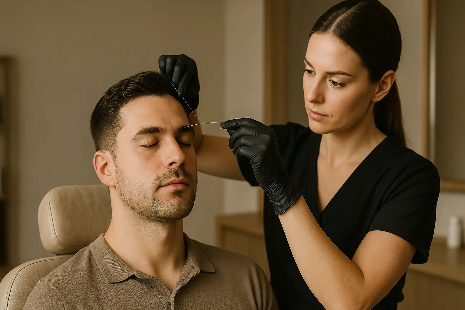 a sleek, modern waxing salon in new york city features a chic interior with ambient lighting, showcasing a pristine treatment room equipped with advanced waxing technology and premium products, emphasizing a refined grooming experience for men.