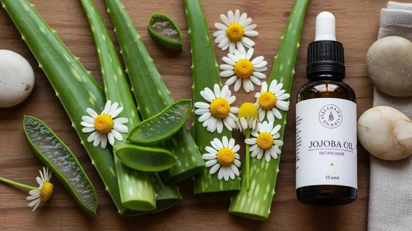 Organic skincare ingredients including aloe vera, chamomile, and jojoba oil, emphasizing their benefits for sensitive skin