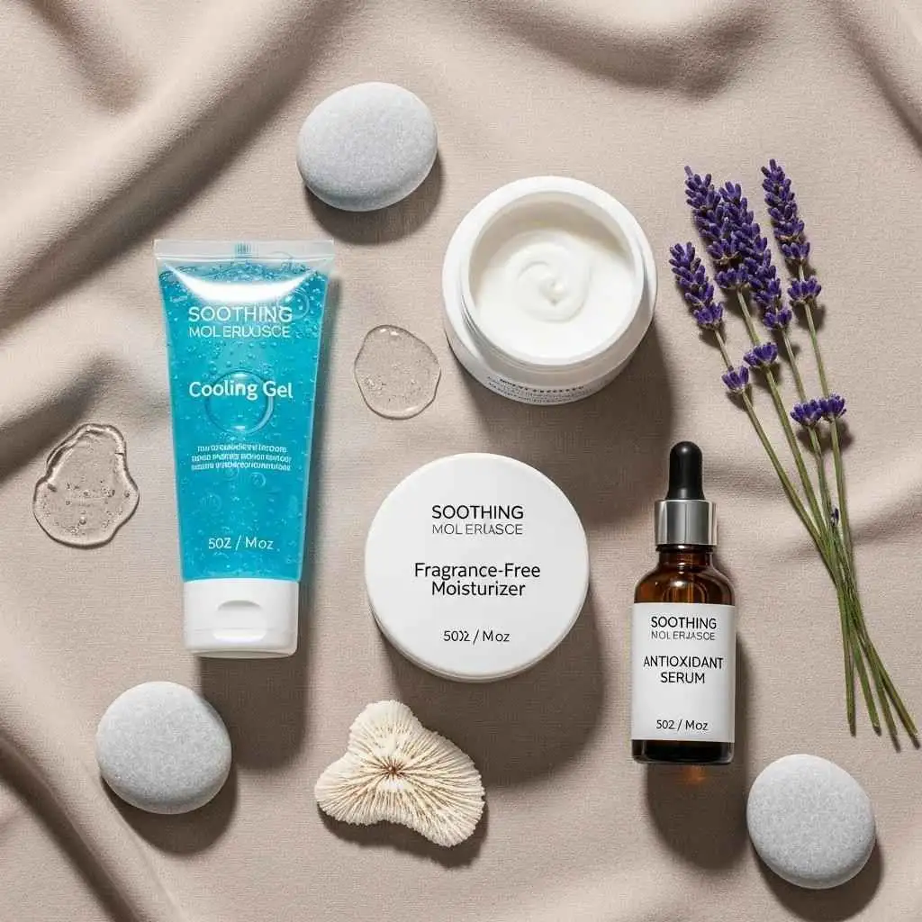 Selection of soothing skincare products for post-waxing care displayed attractively
