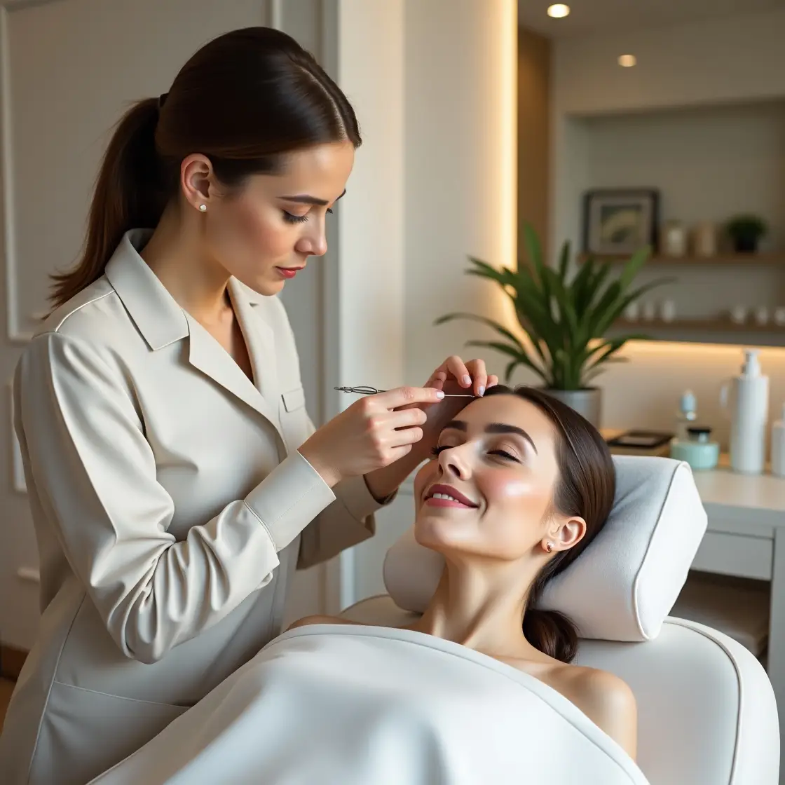 a serene beauty treatment room, adorned with soft lighting and minimalist decor, features a close-up of a client experiencing threading, highlighting the gentle technique's skin compatibility and the calming atmosphere that promotes comfort and care during facial hair removal procedures.