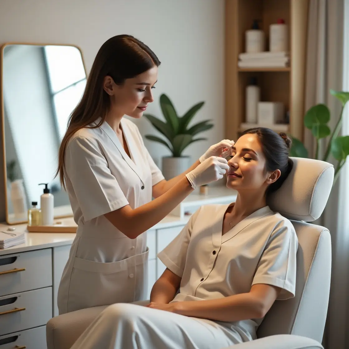 a sleek, modern beauty salon interior featuring a meticulously arranged threading station with an elegant mirror and soft, sophisticated lighting, highlighting the contrast between the precision of threading and the cost-effectiveness of waxing, while emphasizing client satisfaction and longevity of results.
